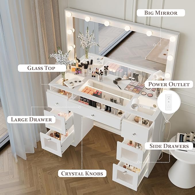 Vanity Desk with Mirror and Lights 3 Colors, Glass Top Vanity with 7 Lighted Drawers & Power Outlet, Makeup Desk with Mirror for Women & Girls, Dressing Table for Bedroom, White
