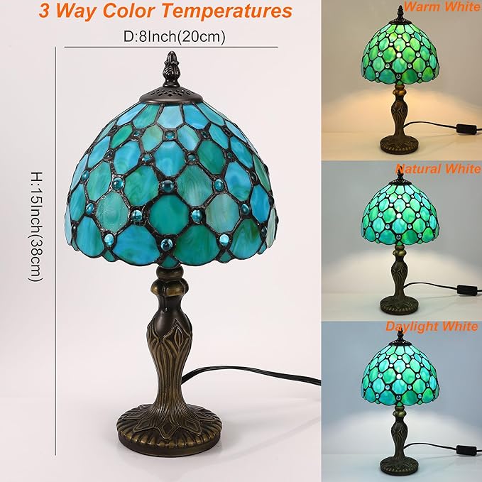 Tiffany Table Lamp Blue Beads Stained Glass 3 Way Table Lamps for Living Room Nightstand Bedside Bedroom Home Office Desk Lamps W/LED Bulb 8X8X15Inch