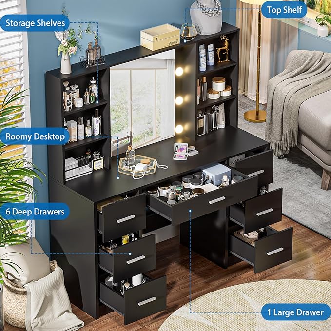 Large Vanity Desk with Mirror and 10 Lights, Makeup Vanity Table with Power Outlet, 7 Drawers and 6 Storage Shelves, Makeup Vanity Desk Dressing Table with 3 Lighting Modes for Bedroom (Black)