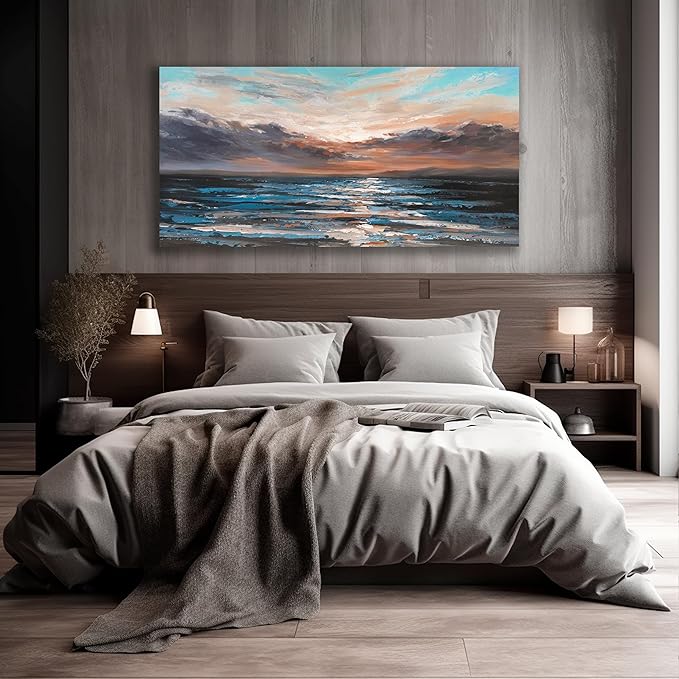 Belmrxne Large Ocean Wall Art Bule and White Wave Wall Decor Scenic Aesthetic Canvas Painting for Living Room Bedroom Dining Room Office Home Decor 30x60 Inch