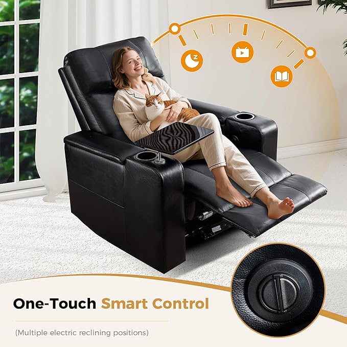 ANJ Black Power Recliner Chair Electric Home Theater Seating Soft Leather Movie Chair for Living Room Overstuffed Single Reclining Sofa with Hidden Arm Storage, Cup Holders and USB Ports (Black)