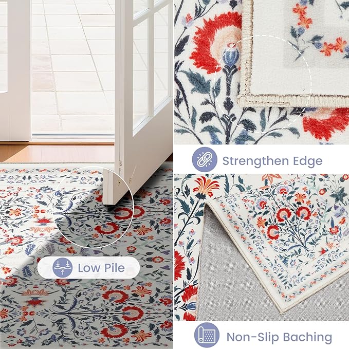 Area Rug Living Room Rug, 6X9 Rugs for Living Room Floral Boho Low Pile Super Soft Washable Rug, Stain Resistant Indoor Floor Non-Slip Carpet for Bedroom Bedside Dining Room Kitchen Nursery, Beige