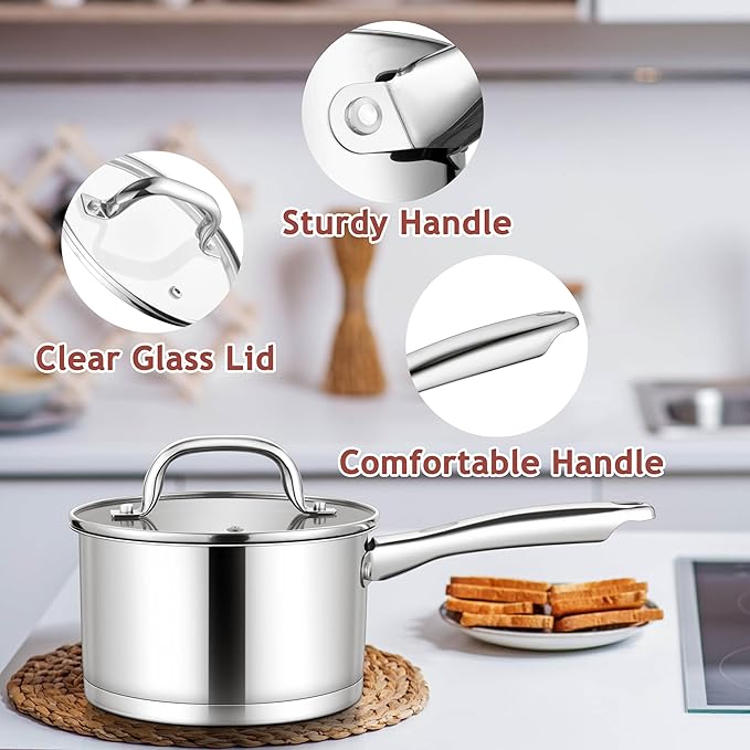 E-far 1 Quart Saucepan with Lid, Stainless Steel Small Sauce Pan Boiling Pot for Cooking, Compatible with All Stoves, Healthy & Non Toxic, Oven & Dishwasher Safe