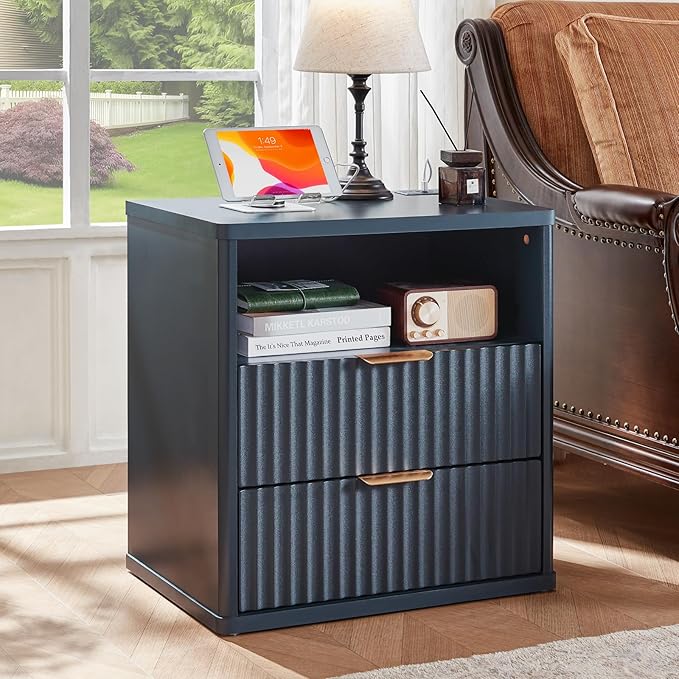 LEYAOYAO Fluted Nightstand with Charging Station, 23" Wide 2 Drawers End Table, Blue Night Stand with Open Storage Cabinet, Farmhouse Bed Side Tables, Wood Dresser for Bedroom, Living Room, Closet
