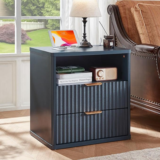LEYAOYAO Fluted Nightstand with Charging Station, 23" Wide 2 Drawers End Table, Blue Night Stand with Open Storage Cabinet, Farmhouse Bed Side Tables, Wood Dresser for Bedroom, Living Room, Closet