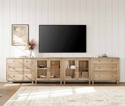 WAMPAT Modern TV Stand for TVs up to 110 inch, 4 in 1 Entertainment Center with Storage Cabinets and 4 Glass Door, Media Console with 6 Drawer Dresser for Living Room, Oak