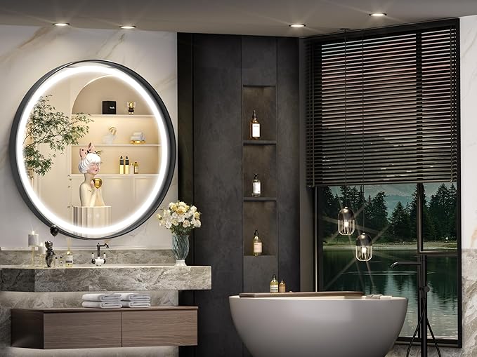 Hasipu 24 Round LED Mirror for Bathroom with Lights, Black Circle Vanity Mirror for Wall, Metal Framed Frontlit Bathroom Mirrors Anti-Fog, Dimmable, 3 Colors Makeup Mirror Wall Mounted