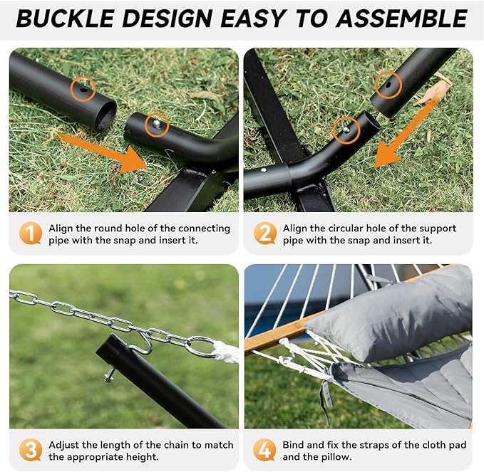 2 Person Outdoor Hammock with Stand, Cotton Rope Hammock with Polyester Pad, Adjustable Steel Frame, Portable with Carrying Bag – for Patio, Backyard, Garden, Beach,Dark-Gray