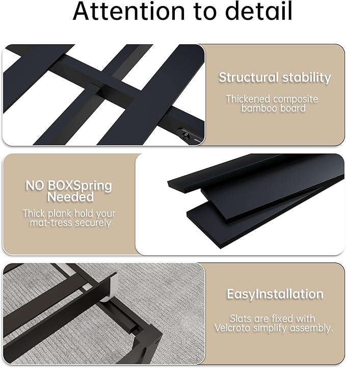 14 Inch Bamboo Bed Frame – Solid Wood Platform Bed Frame, Strong and Stable, with Non-Slip Slats for Support, No Box Spring Needed, Easy to Assemble, Noise-Free (Black with Headboard, Queen)