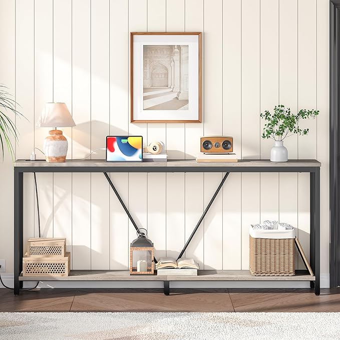 HOOBRO 78.7" Extra Long Sofa Console Table with Charging Station, 2-Tier Behind Couch Table with V-Brace, for Narrow Entryway, Hallway, Living Room, Greige BG206UXG01