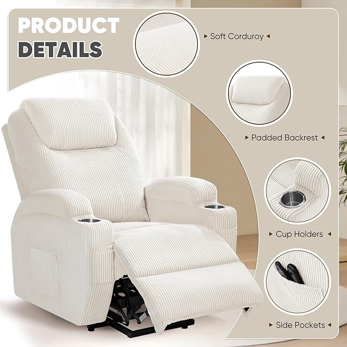 VICTONE Electric Power Lift Recliner Chair for Elderly Reclining Sofa for Living Room with Massage, Side Pockets and Cup Holders (Corduroy, Beige)