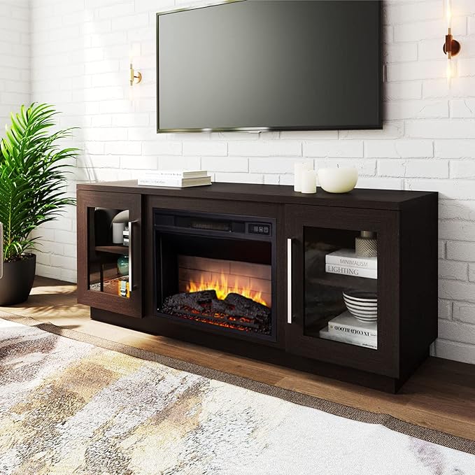 Cheerway 3D Fireplace TV Stand for TVs up to 65’’, Wooden Media Entertainment Center Table & TV Cabinets w/ 6 Storage Shelves & Barn Door, Electric Fireplace w/Remote Control & Adjustable Flame