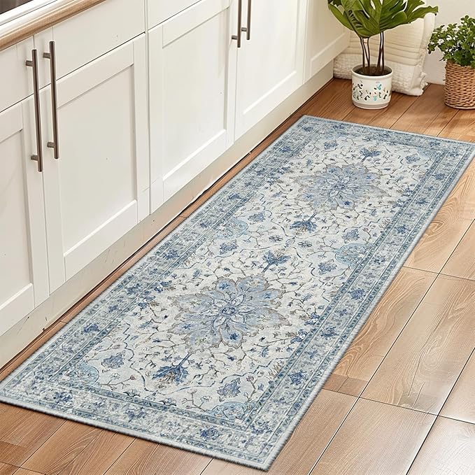 Area Rugs 2'x6' Washable Non-Slip, Floral Vintage Distress Print Pattern Medallion Carpet for Living Room Bedroom Dining Room, Light Blue Navy Beige Gray White