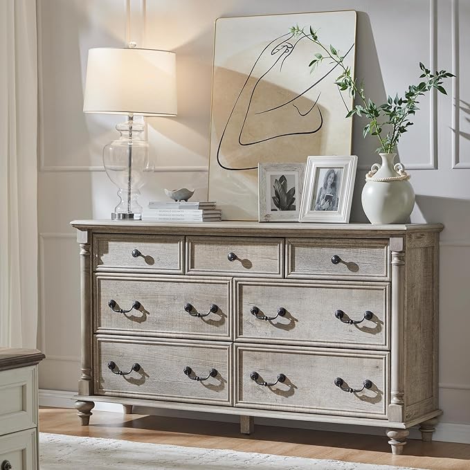 T4TREAM Farmhouse 7 Drawers Dresser Chests for Bedroom w/ 4 Solid Wood Feet & Column Decor, Tall Wide Wood Country Rustic Chest of Drawers, Storage Dressers for Bedroom, Living Room, Light Rustic Oak