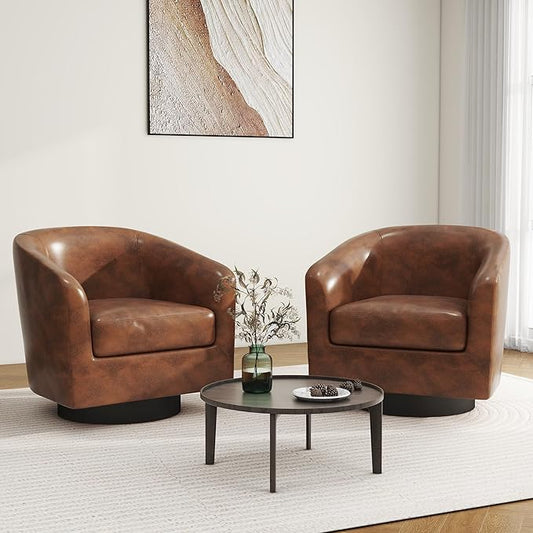 Swivel Barrel Accent Chair, Modern Round Faux Leather Arm Chair for Living Room, Bedroom, Comfy Club Reading Chairs for Adults(Faux Leather, Coffee, Set of 2)