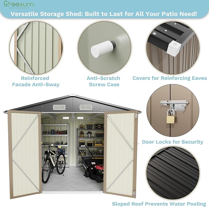 Greesum 8×10FT Outdoor Storage Shed, Metal Patio Storaged Sheds with Lockable Doors, Sheds & Outdoor Storage for Bike, Backyard, Pool and Garden, Brown