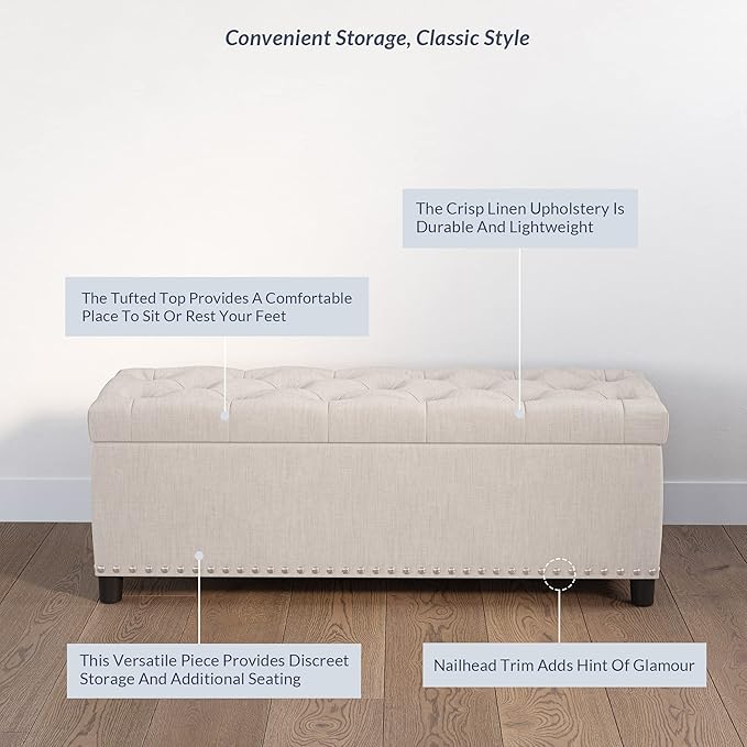 BELLEZE 47" Storage Ottoman, Storage Bench with Safety Close Hinge, Linen Button-Tufted Ottoman for Living Room, Entryway, Hallway, Foot Rest, Support 300lbs - Beige