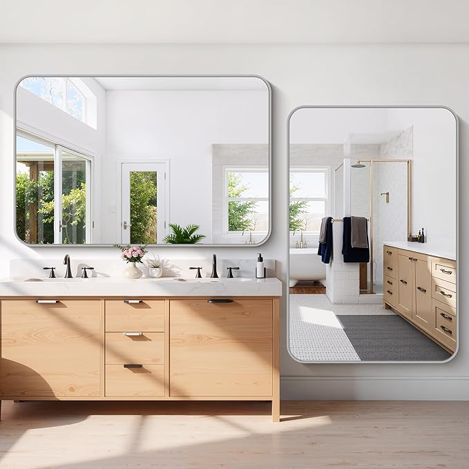 60x40 Inch Silver Bathroom Mirror, Large Rectangle Mirror, Metal Framed Rectangular Vanity Mirror, Rounded Corner Wall Mounted Mirror for Living Room Bedroom Entryway Horizontal or Vertical