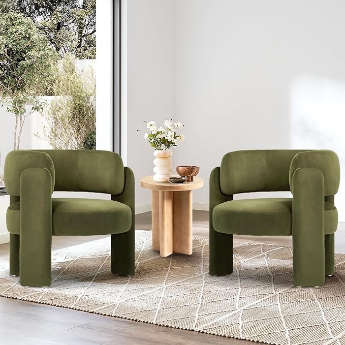 COLAMY Modern Velvet Accent Chair Set of 2, Upholstered Barrel Chairs, Comfy Side Arm Chairs with 3 Legs for Living Room, Bedroom, Reading, Green