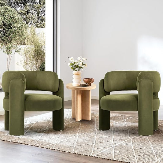 COLAMY Modern Velvet Accent Chair Set of 2, Upholstered Barrel Chairs, Comfy Side Arm Chairs with 3 Legs for Living Room, Bedroom, Reading, Green
