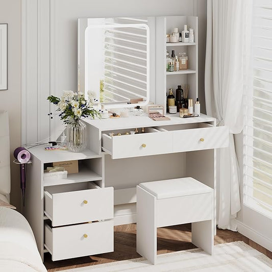 HAOBO Home Vanity Desk with Mirror and Lights, Makeup Vanity with Stool and Drawers Dressing Table with Power Outlet for Bedroom