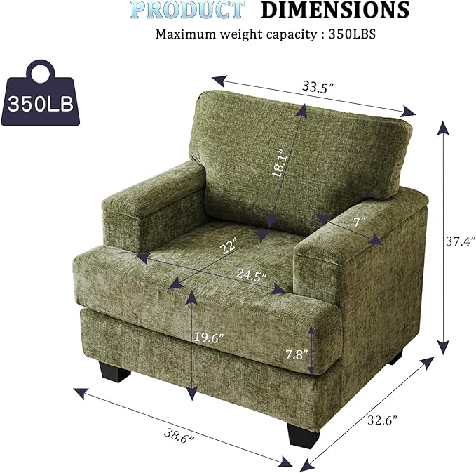 Oversized Accent Chair with Armrest Storage,38”W Big Armchair with 7.8'' Thick Cushion,Deep Seat,Large Comfy Reading Chair, Living Room Chairs,Sofa Chair for Bedroom,Chenille,Green