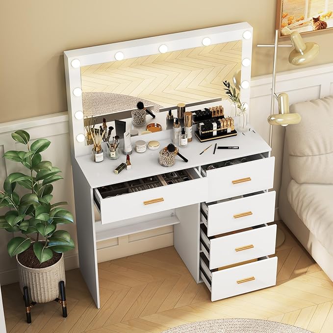 Vanity Desk with Mirror and Lights, Dressing Table with Drawers, 3 Colors Lighting Adjustable Brightness, Makeup Table with Large Mirror for Girls, Women