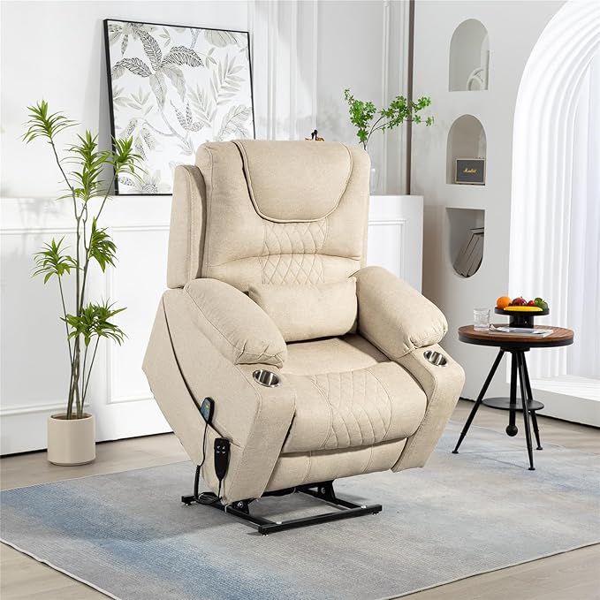 180 Degrees Lay Flat Lift Recliner Chair with Heat and Massage, Dual Motor Infinite Position Electric Power Lift Recliners for Elderly, Big Man Up to 400 LBS, Seniors, White