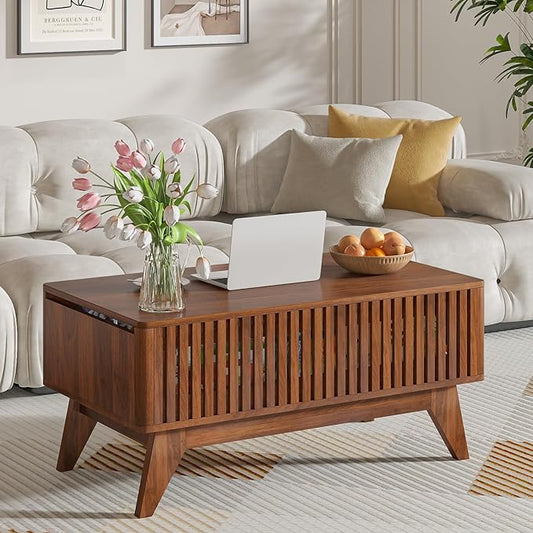 Lift Top Coffee Table with Hidden Compartment, Mid Century Modern Coffee Table for Living Room, Fluted Design Farmhouse Center Table with Storage (Walnut, 35.4" W)