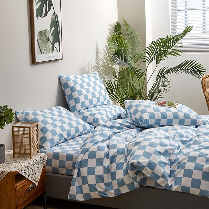 CLOTHKNOW Blue White Plaid Full Size Comforter Sets 3Pcs Grid Bedding Comforter Sets All Season Soft Checker Comforter with 2 x Pillow Cases