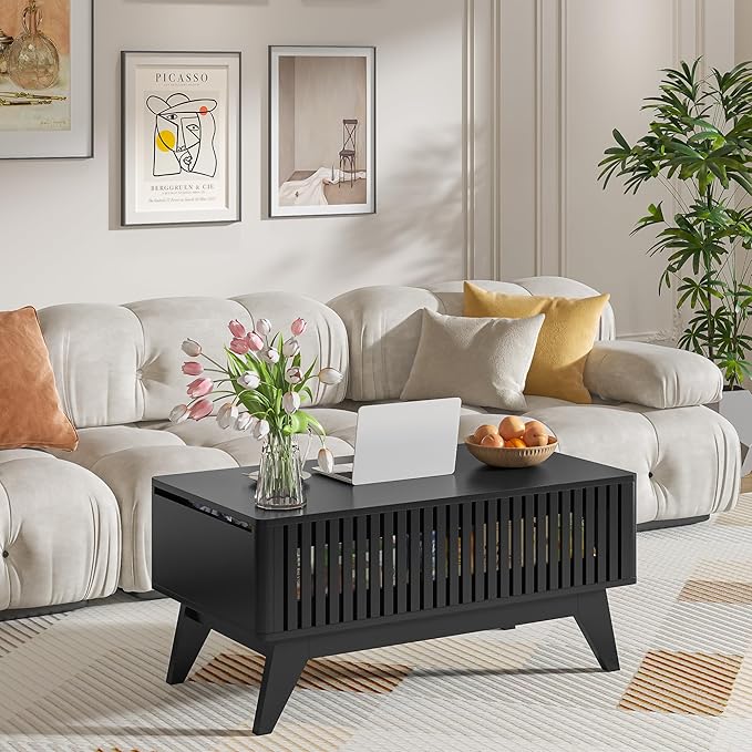 Lift Top Coffee Table with Hidden Compartment, Mid Century Modern Coffee Table for Living Room, Fluted Design Farmhouse Center Table with Storage (Black, 35.4''W)