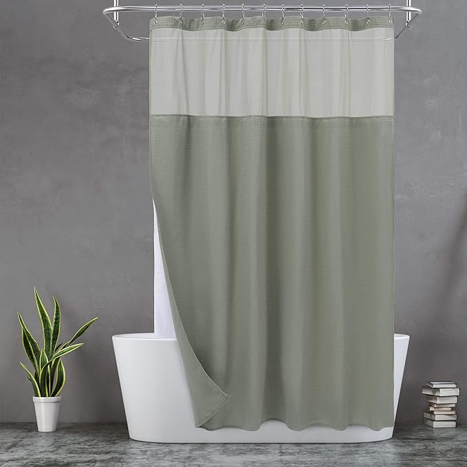 N&Y HOME Extra Long Waffle Weave Shower Curtain with Snap-in Fabric Liner & Hooks Set - 71" x 84", Hotel Style & Mesh Top Window, Machine Washable - 71x84 Inches, Sage Green