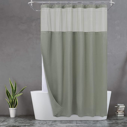 N&Y HOME Extra Long Waffle Weave Shower Curtain with Snap-in Fabric Liner & Hooks Set - 71" x 84", Hotel Style & Mesh Top Window, Machine Washable - 71x84 Inches, Sage Green