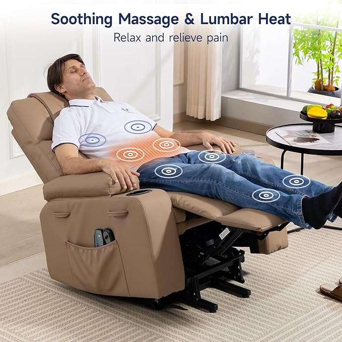 Power Lift Recliner Chair for Elderly with Massage & Heat, 160° Adjustable PU Leather Electric Recliner with Remote, Cup Holders, Side Pockets, and Stand Assist for Living Room, Bedroom (Brown)