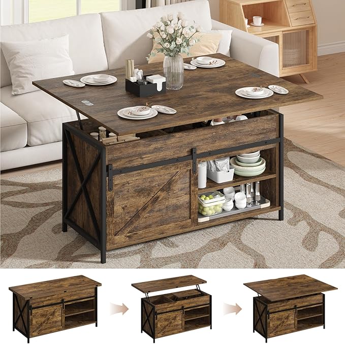 Lift Top Coffee Table with Storage and Sliding Door, 4 in 1 Multi-Function Convertible Tea Table with Hidden Compartment, Farmhouse Center Table with Wood Lift Tabletop for Living Room Brown