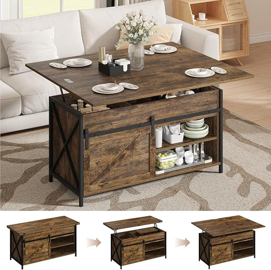 Lift Top Coffee Table with Storage and Sliding Door, 4 in 1 Multi-Function Convertible Tea Table with Hidden Compartment, Farmhouse Center Table with Wood Lift Tabletop for Living Room Brown