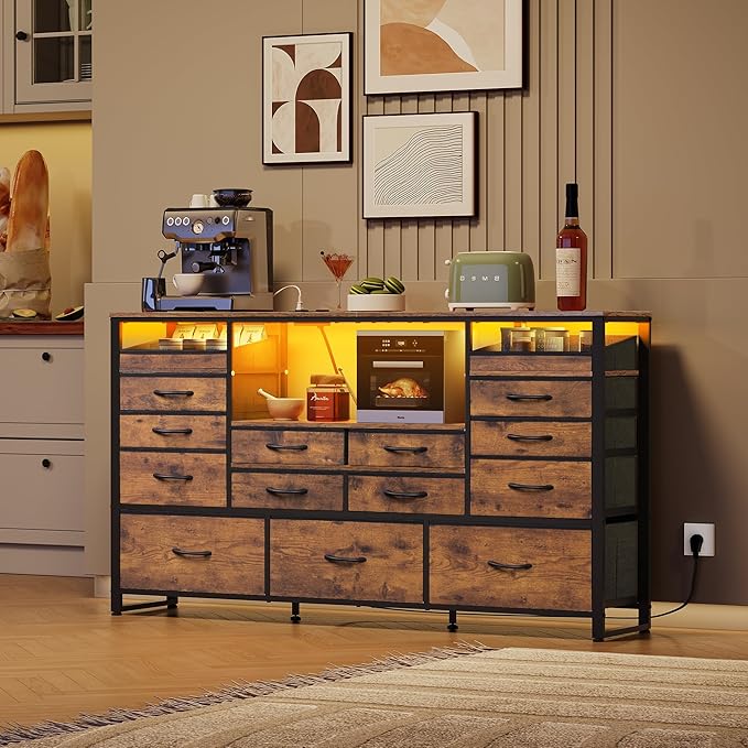 WLIVE TV Stand for 55, 60, 65 inch TV, Entertainment Center with LED Lights & Charging Station, TV Media Console Table with 15 Fabric Drawers and Open Shelves for Living Room, Hallway, Rustic Brown