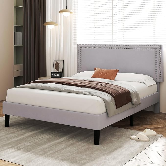 VECELO Queen Size Bed Frame with Height Adjustable Upholstered Headboard, Wooden Slats Platform, Noise-Free Design, Easy Assembly