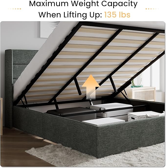 SHA CERLIN King Size Lift Up Storage Bed/Modern Wingback Headboard/Upholstered Platform Bed Frame/Hydraulic Storage/No Box Spring Needed/Wood Slats Support/Dark Grey