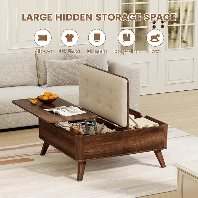 VOPEAK Lift Top Coffee Table with Storage, Large Square Coffee Table with Thickened Cushion, Family Gathering Center Table, Modern Wooden Coffee Tables for Living Room, Solid Wood Legs, Walnut