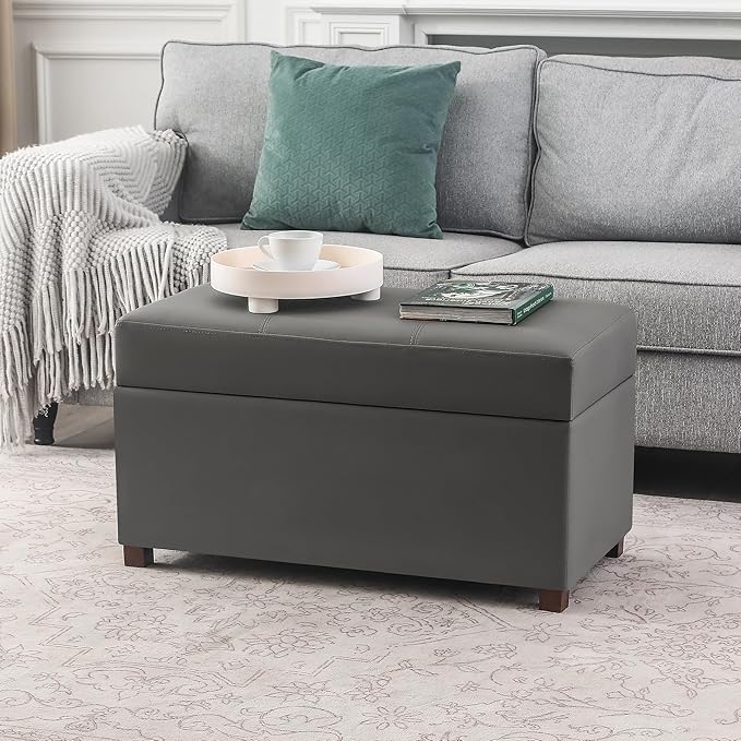 Asense Storage Ottoman Bench –32 Inch Stylish Compact Design with Storage, Extra Seating & Modern Leather Appeal for Living Room, Bedroom, Entryway， Slate Gray