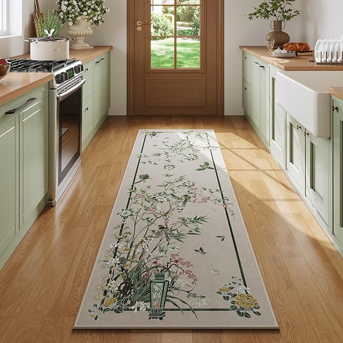 Runner Rug Chinoiserie-Style Floral Vintage Kitchen Rugs Non Slip Washable with Rubber Backing Soft Carpet for Laundry, Bedroom, Bathroom, Beige