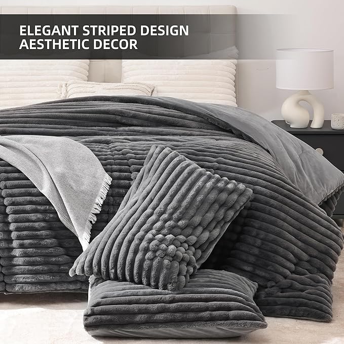Smoofy Fluffy Queen Comforter Set 3 Pieces - Dark Grey Fleece Fluffy Comforter Set, Luxury Fuzzy Queen Bedding Set, Soft Warm Bed Set All Season, Heavy Faux Fur Comforter with 2 Pillow Cases