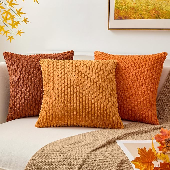 Kevin Textile Fall Throw Pillow Covers Soft Corduroy Decorative Set of 2 Boho Striped Pillow Covers Pillowcases Farmhouse Home Decor for Couch Bed Sofa Living Room 20x20 Inch Orange Yellow