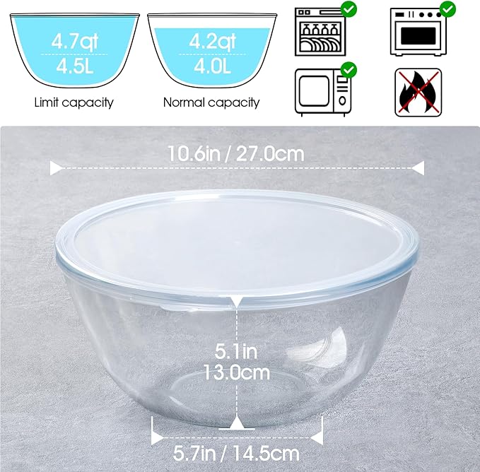 NUTRIUPS 4.7 Quart Large Glass Mixing Bowl with Lid, Deep Big Glass Bowl Large Glas Salad Bowl