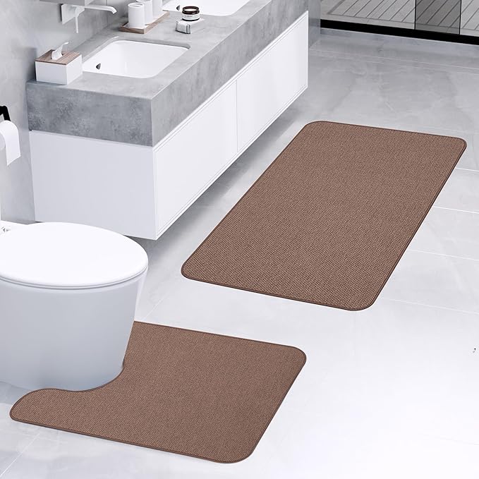 Bathroom Rugs Set 2 Pieces,Thin Bathroom Mats,Toilet Rugs,Quick Dry,Non-Slip,Machine Washable,Low Pile,Absorbent Bath Mats,Shower,Sink,Home Decor Accessories.Brown,1'5"x2'3"+1'8"x2" U Shape