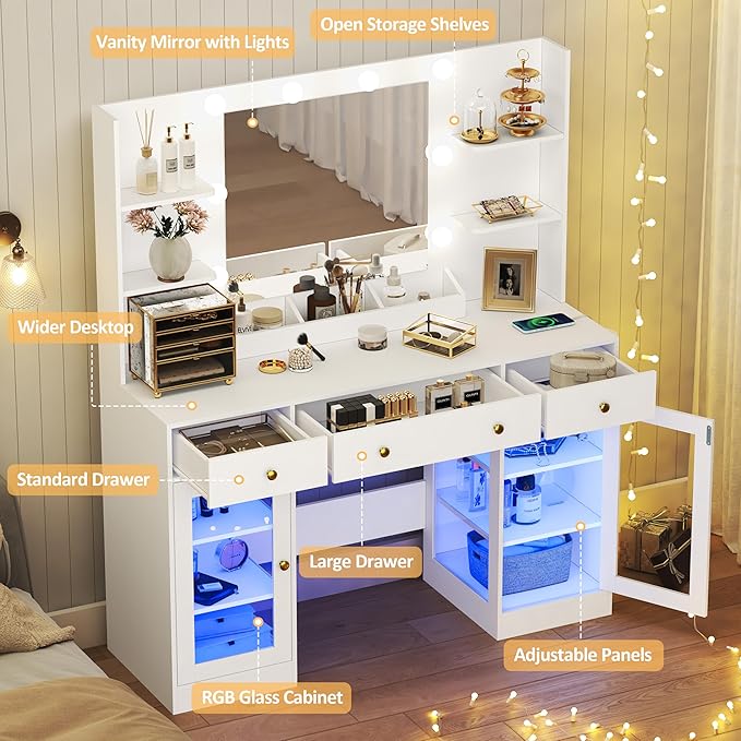 Vanity Desk with Mirror and Lights, White Makeup Vanity Mirror with Lights Desk, Dressing Table with RGB Cabinet & 3 Drawers, Makeup Desk with Storage Shelves for Girls Bedroom, 3 Color Modes
