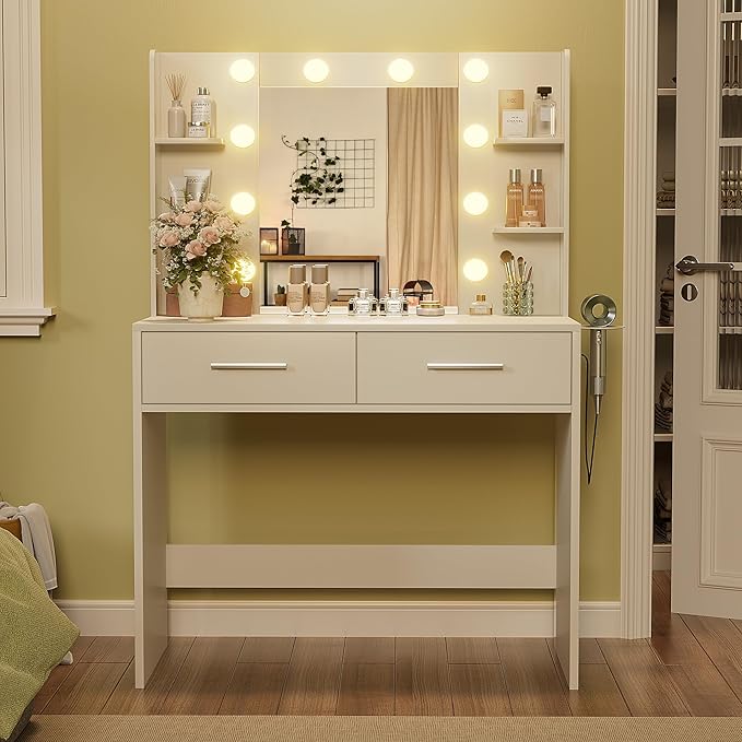 YESHOMY Vanity Desk with Mirror, Makeup Table with 2 Large Drawers, Power Outlet and Round Holder, 3 Color Modes Adjustable Bulb, White