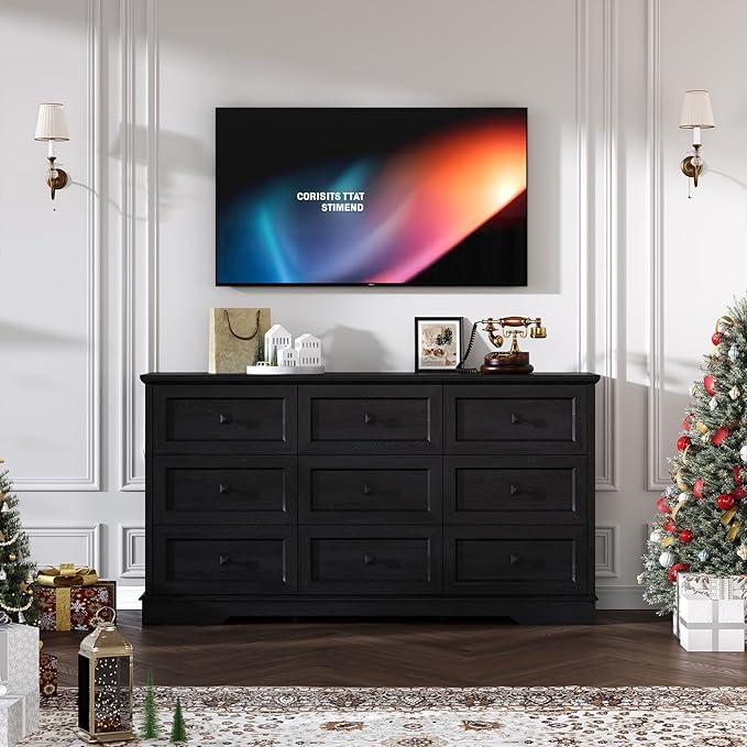 Farmhouse 9 Drawers Dresser Chests for Bedroom, Black 9 Drawers TV Stand, Long Wood Dressers Organizer for Closet, Modern Storage Organizer Cabinet for Bedroom, Hallway & Entryway