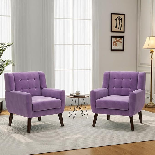 Accent Chair, Mid-Century Modern Velvet Fabric Chairs with Arms for Living Room, Comfy Upholstered Club Single Sofa Armchair for Bedroom Waiting Room with Solid Wood Frame (Velvet Purple, Set of 2)